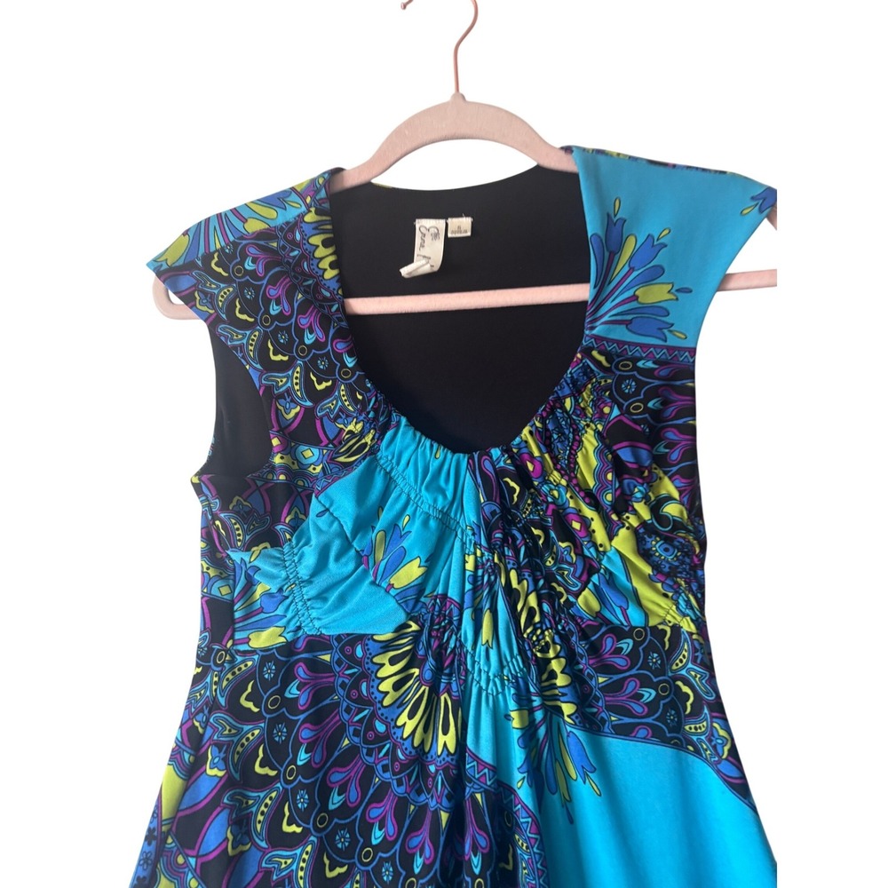 Emma & Michele Fit Flare Dress Womens Small Blue Paisley Ruched V-Neck